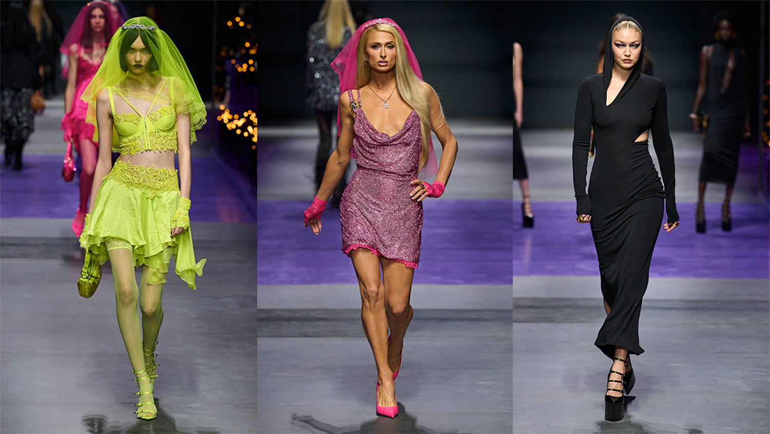 Milan Fashion Week: How Versace married gritty and divine for spring/summer  2023, with Bella Hadid and Paris Hilton strutting in dark and neon bridal  dresses with veils and tiaras