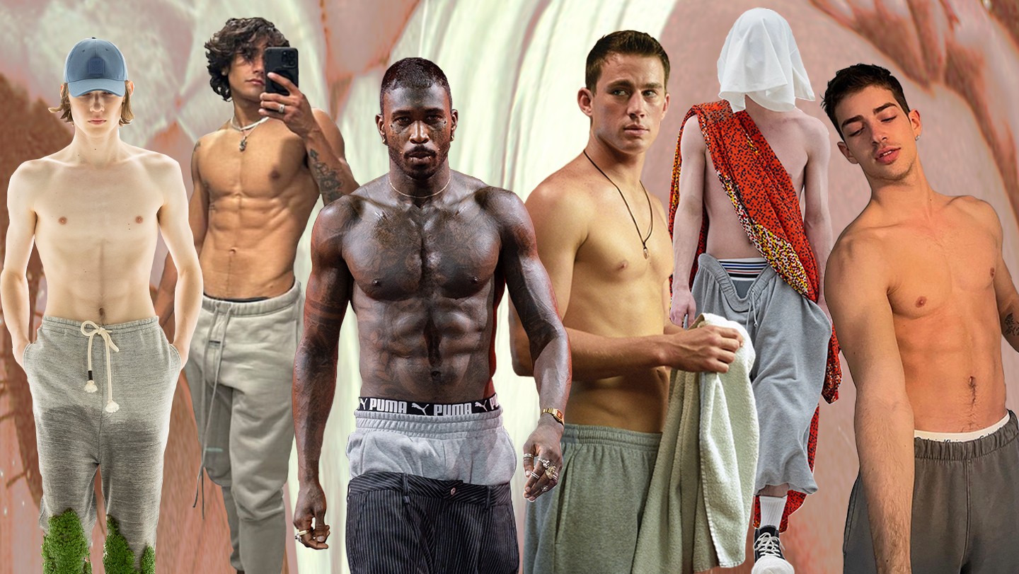 Models for Loewe Mens, Puma and Hugo Castejon-Blanchard, along with Michael Cimino, Channing Tatum and Manu Rios all wearing grey sweatpants and shirtless