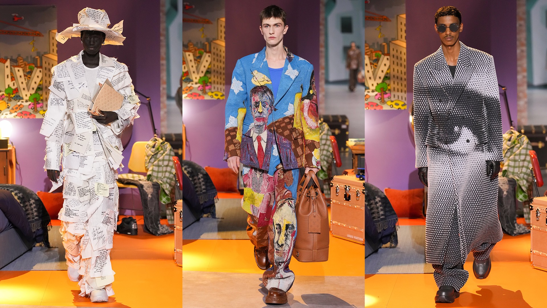 Models walking for Colm Dillane's (KidSuper) guest designed collection for Louis Vuitton at Paris Fashion Week Men's AW23