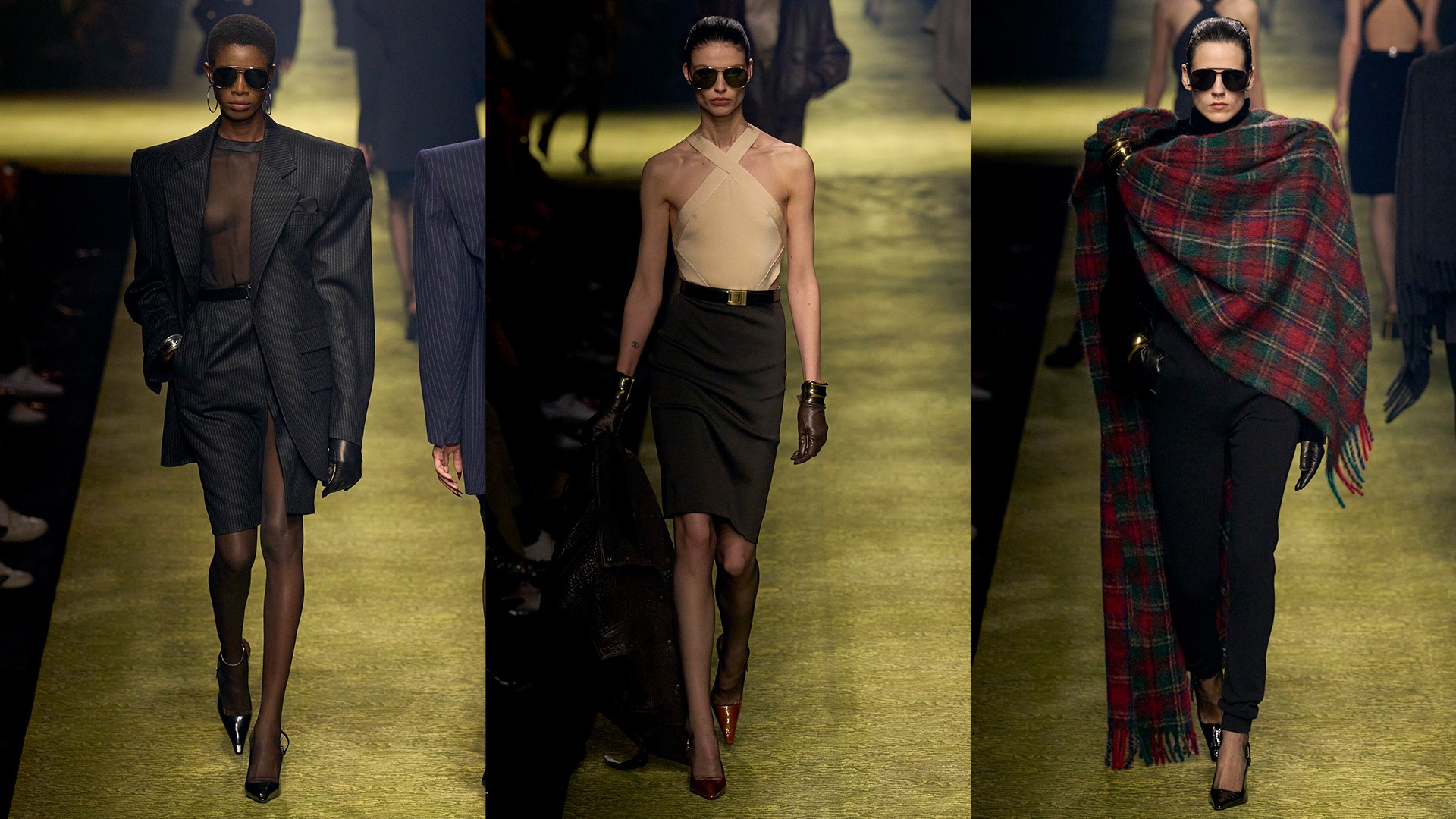 Model walking for the Saint Laurent AW23 show at Paris Fashion Week