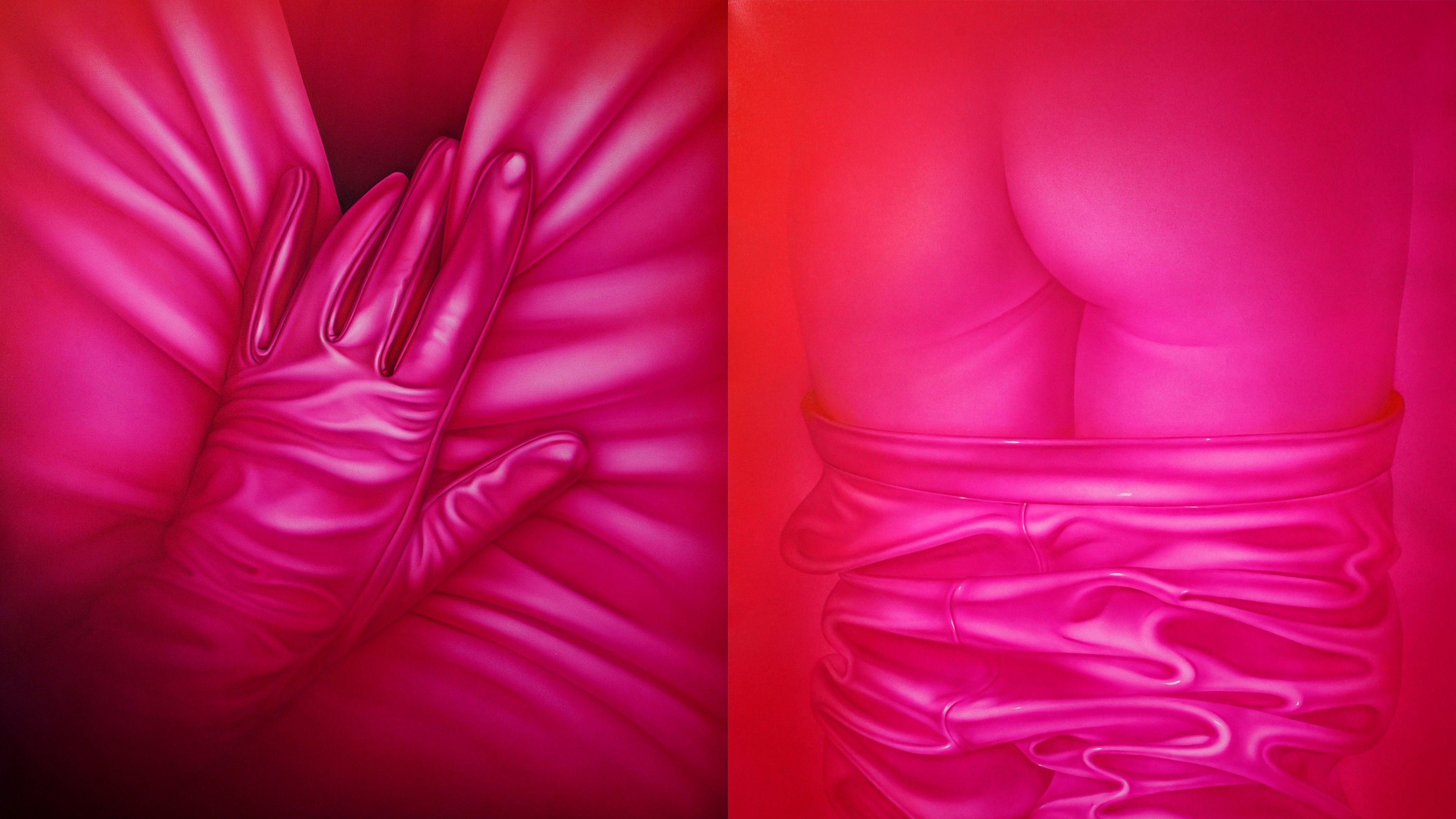 two pink paintings: a leather gloved hang pulls suggestively at fabric; a dress is pulled down exposing a nude bottom