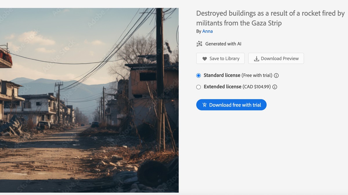 Adobe is selling AI-generated images  showing fake scenes depicting bombardment of cities in both Gaza and Israel. Some are photorealistic, others are