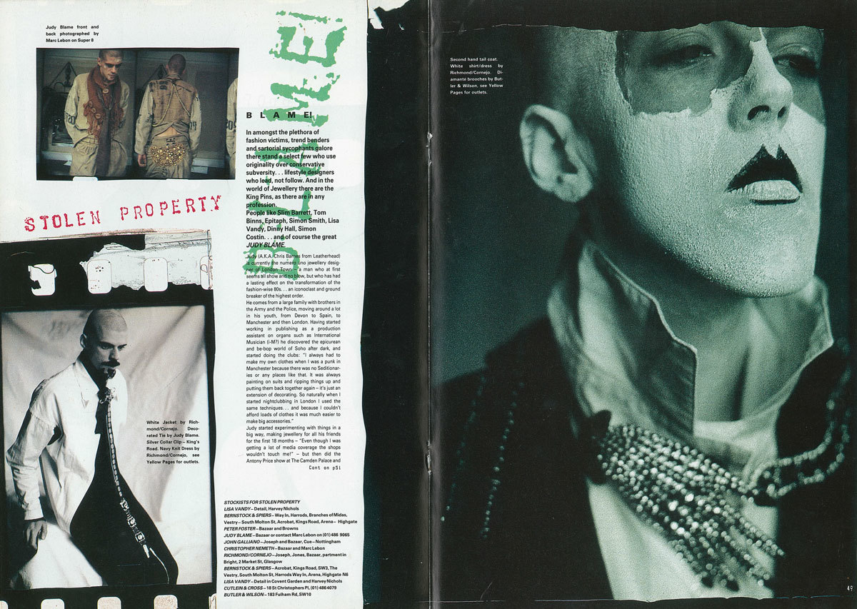 Archive: Photocopy of an i-D article from the 80s- Judy Blame wearing Christopher  Nemeth jacket/trousers, photographed by Mark Lebon.…