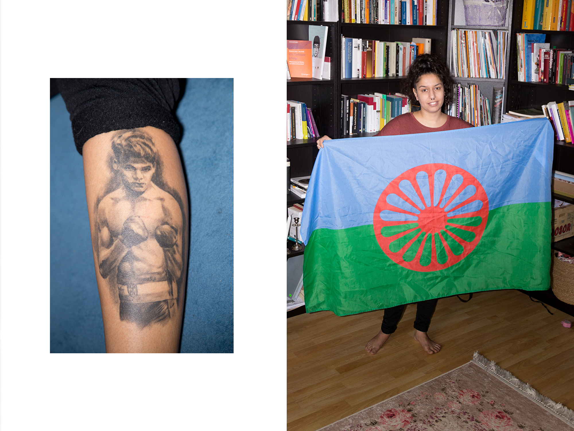 Das linke Bild zeigt ein Tattoo eines Boxers, rechts zeigt Berna die rot-grün-blaue Roma-Flagge