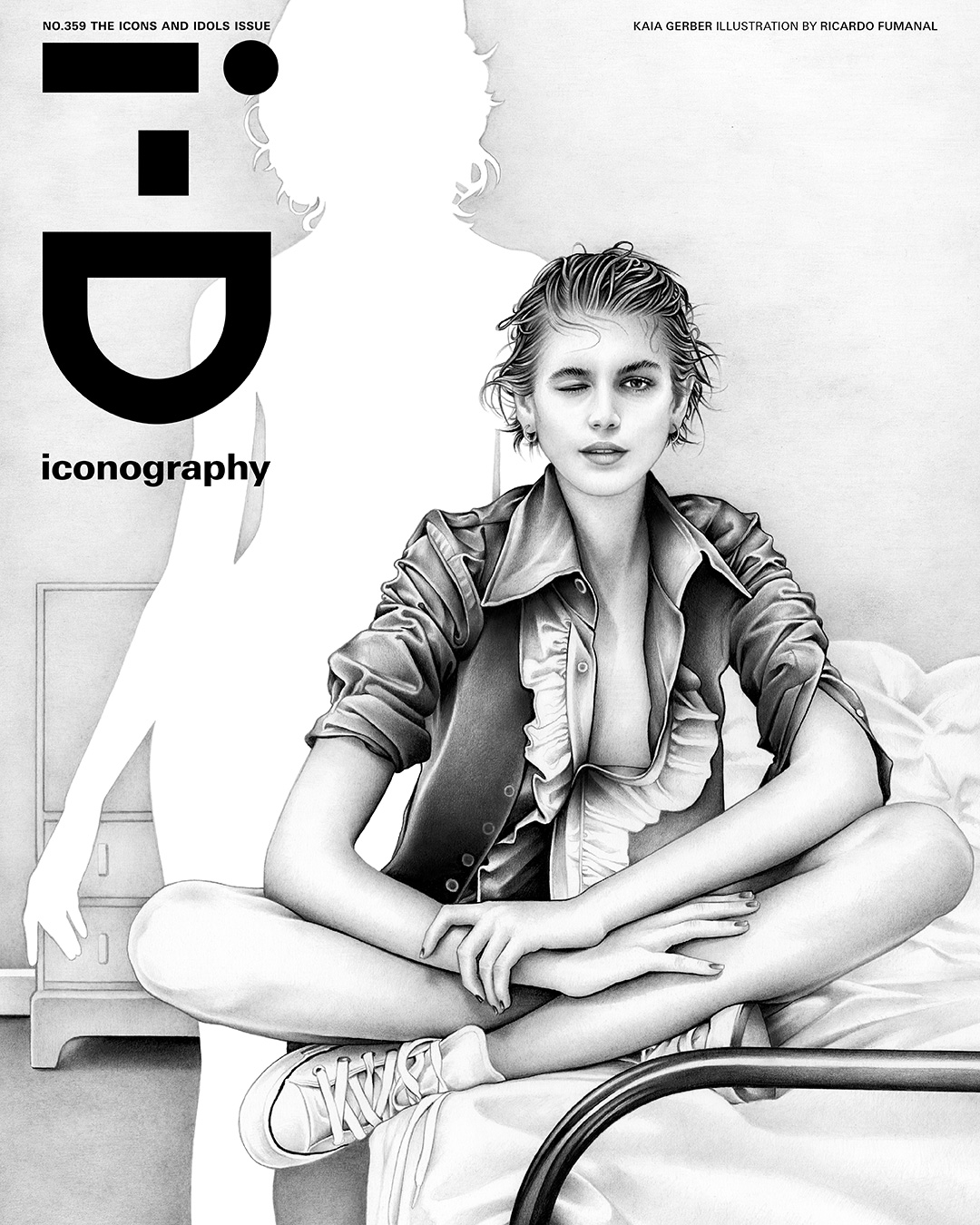 i-d cover with hand-drawing of Kaia Gerber