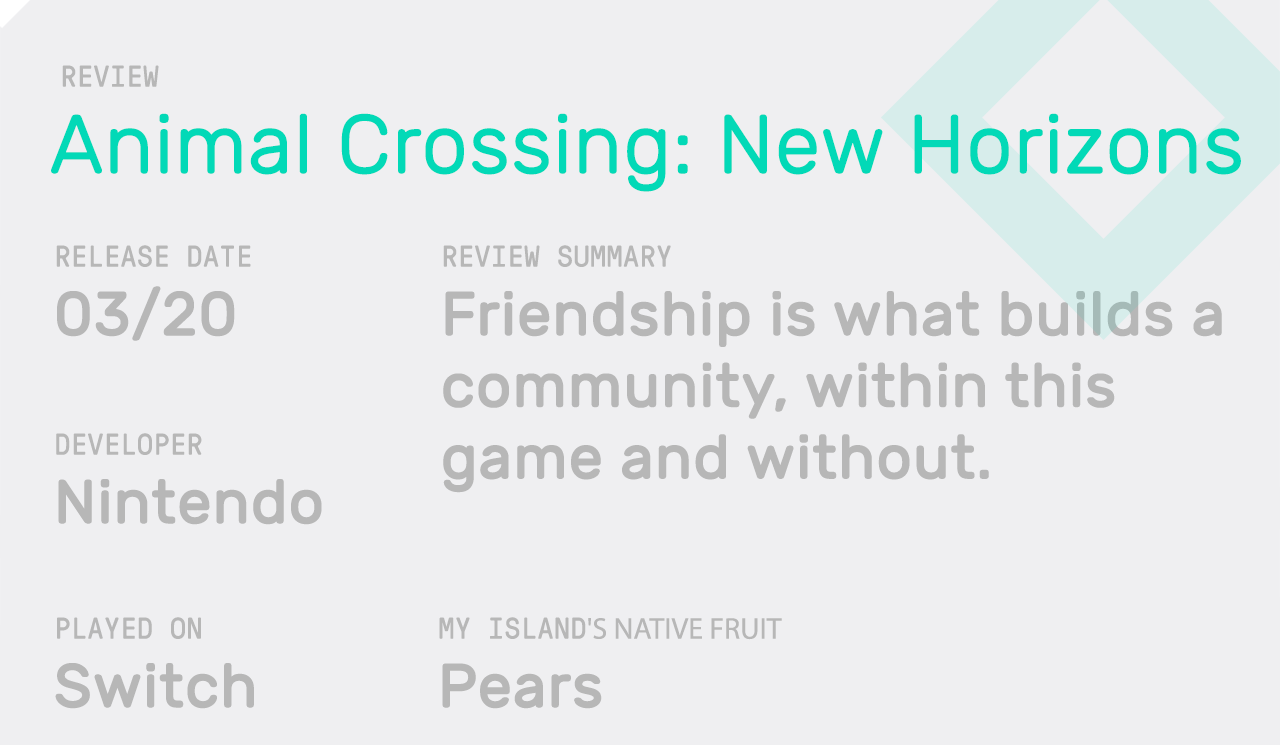 Release Date: 3/20, Developer: Nintendo, Played On: Switch, Review Summary: Friendship is what builds a community within this game and without., My Island's Native Fruit: Pears