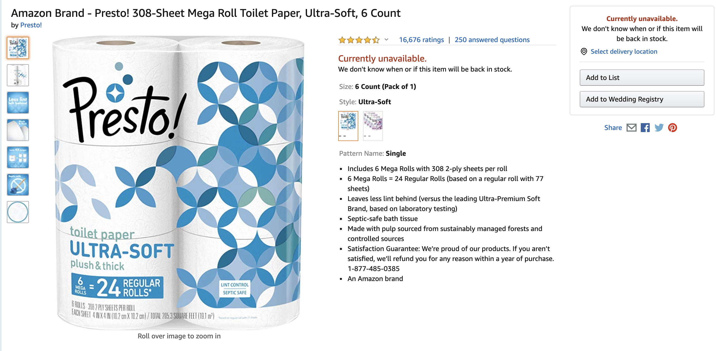 Presto! 308-Sheet Mega Roll Toilet Paper, Ultra-Soft, 6 Count