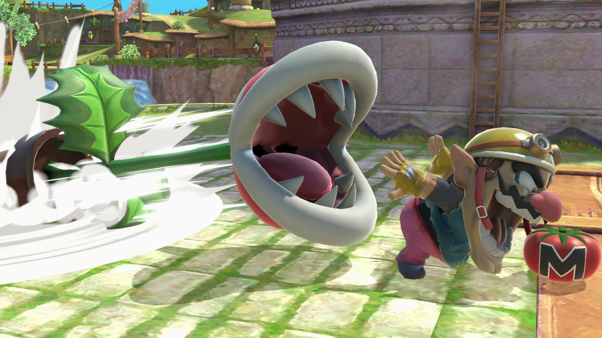 A Pirahna Plant about to bite an unsuspecting Wario's ass.