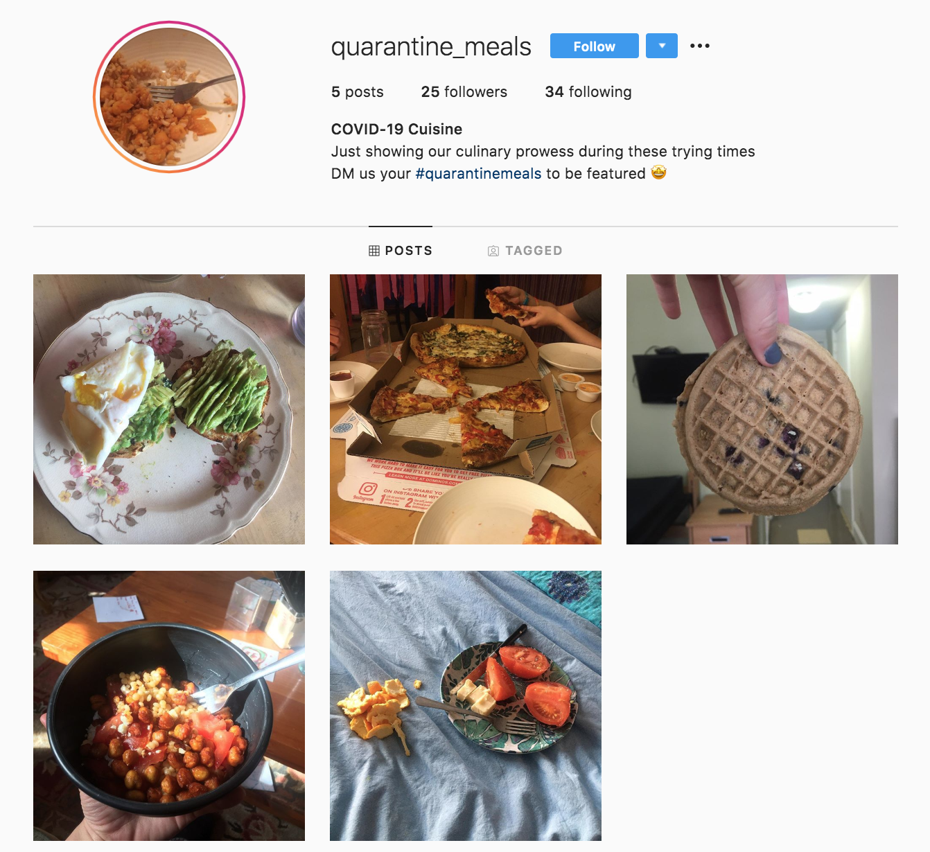 Instagram 페이지의 스크린 샷 검역 식사 식사 중 코로나 바이러스 격리