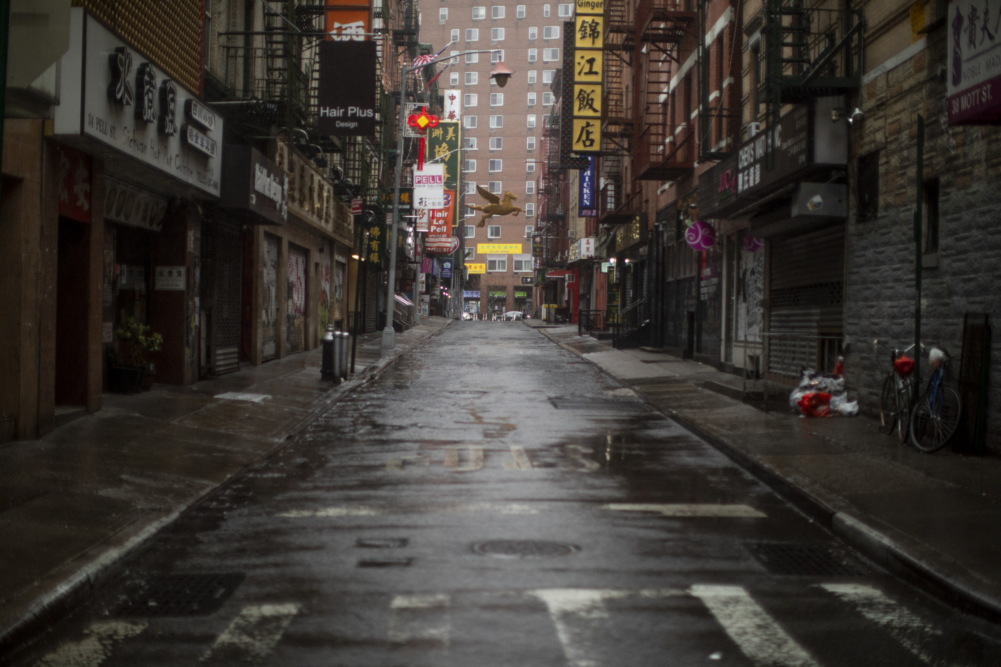 Bayard street completely closed for business and empty on the first day of NY PAUSE. March 23, 2020