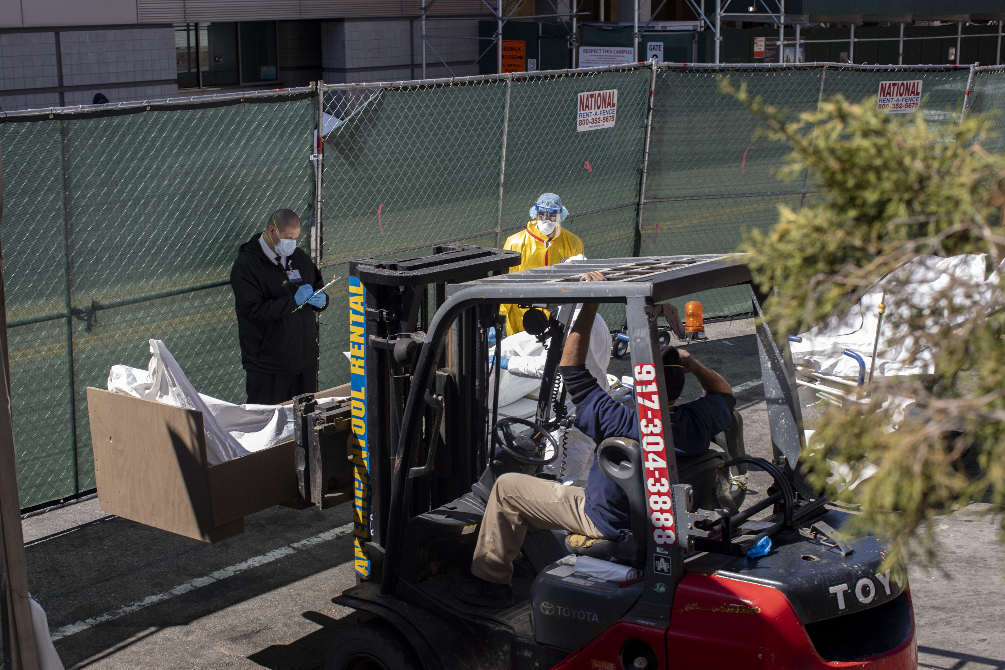 Hospital used a forklift to transport two bodies outside of Brooklyn Hospital Center. April 06, 2020