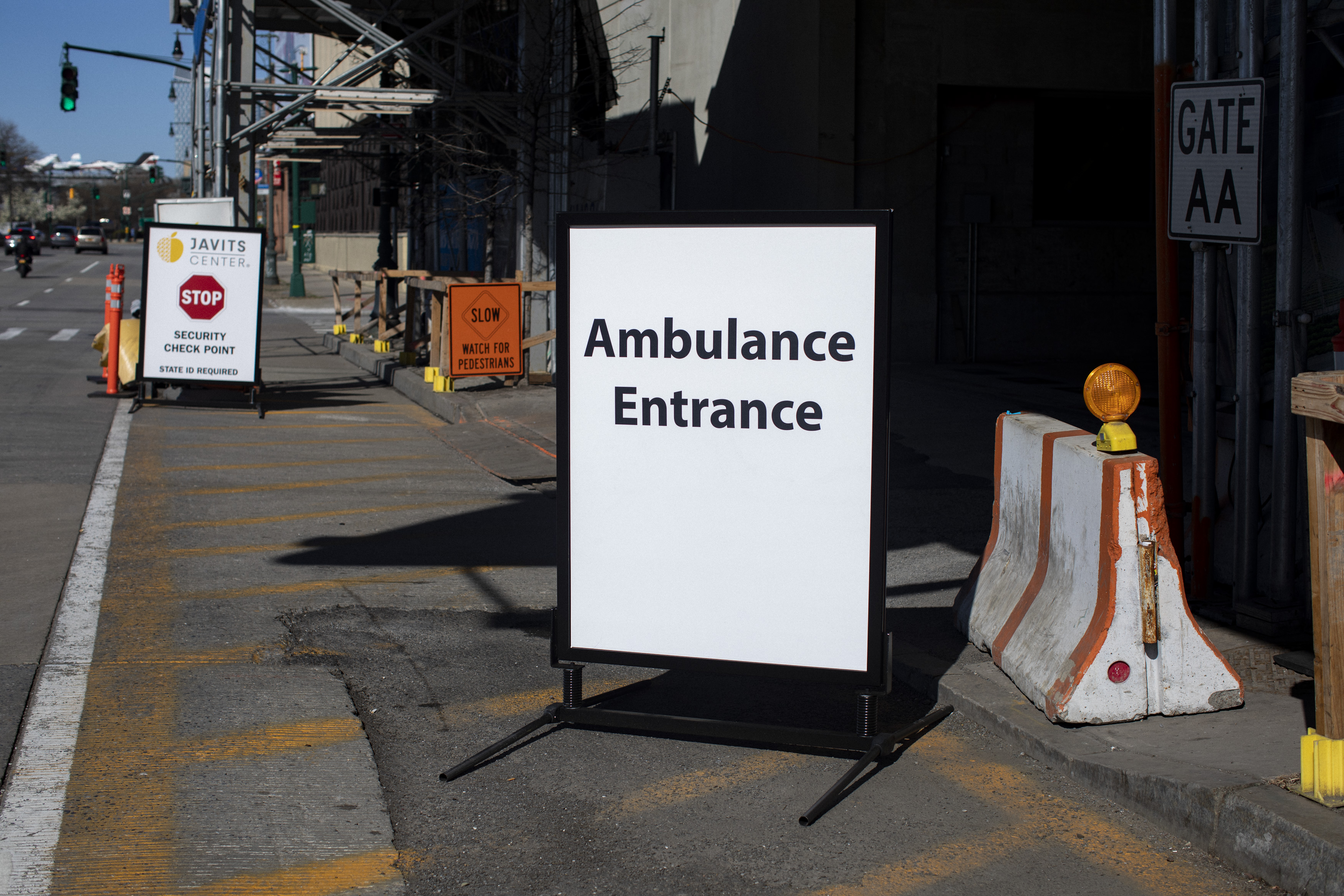 The Javits Center, which is currently being used as an emergency hospital, has new signage set up outside some of its entrances on the Westside Highway. April 06, 2020