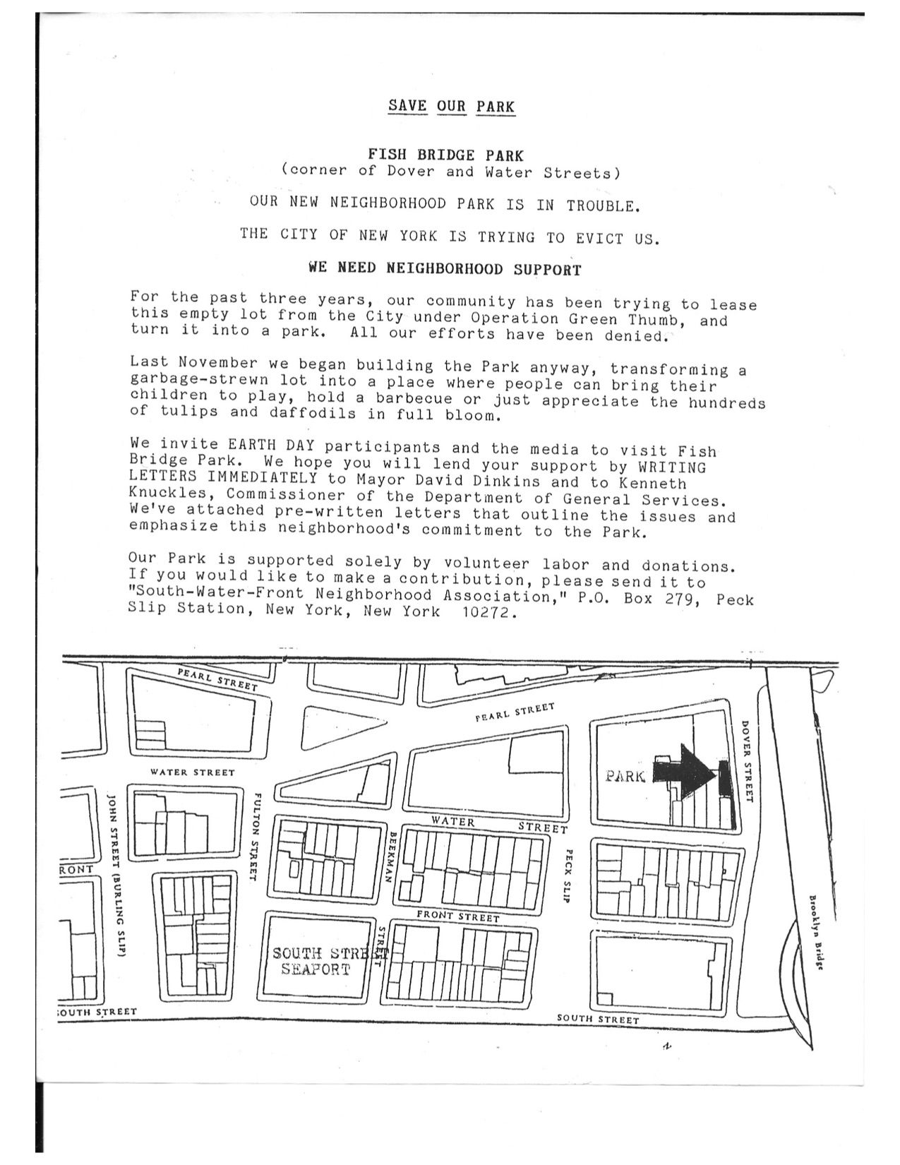 A flyer put out around the neighborhood encouraging people to support the park