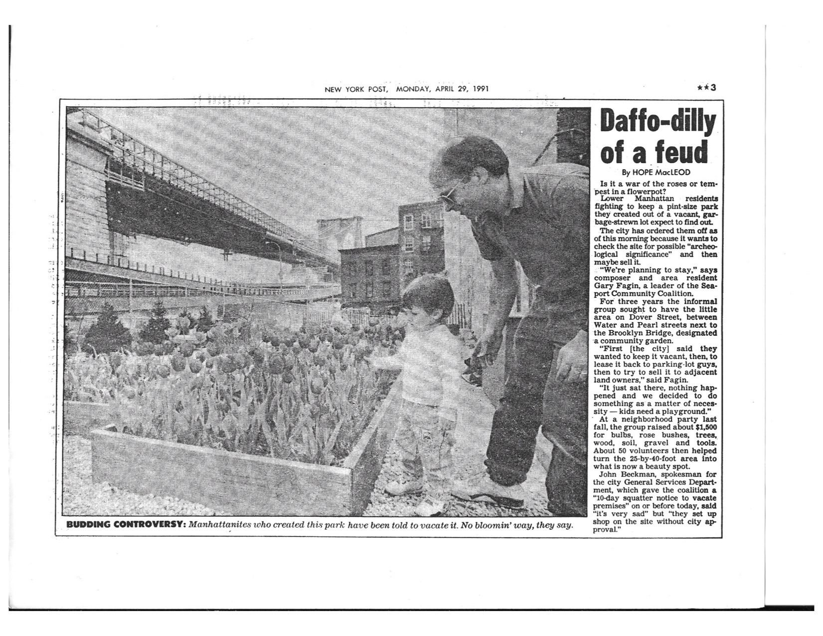 A New York Post article from the week after Earth Day, with a picture of the garden and news about its state