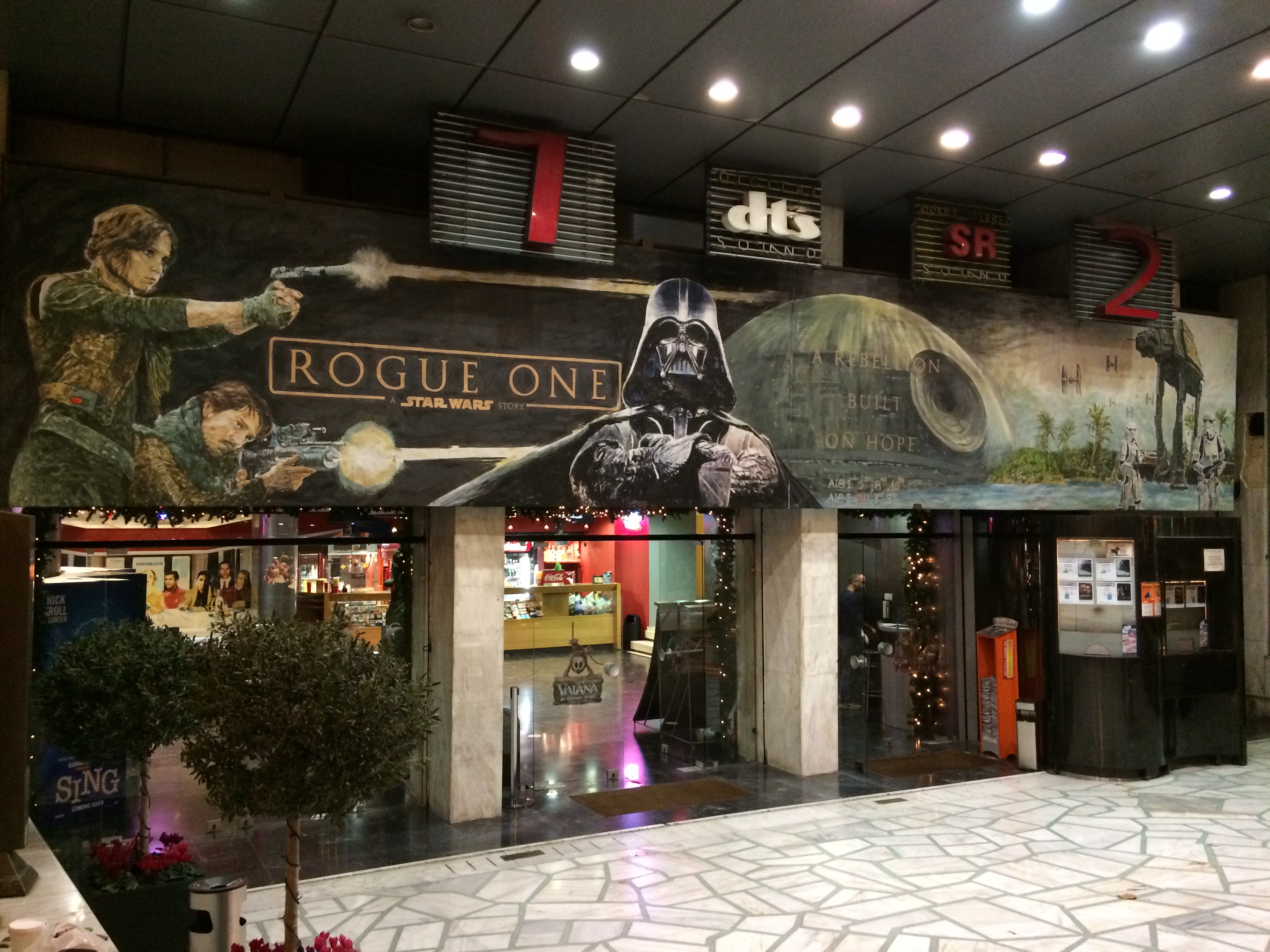 The theater with a Rogue One poster