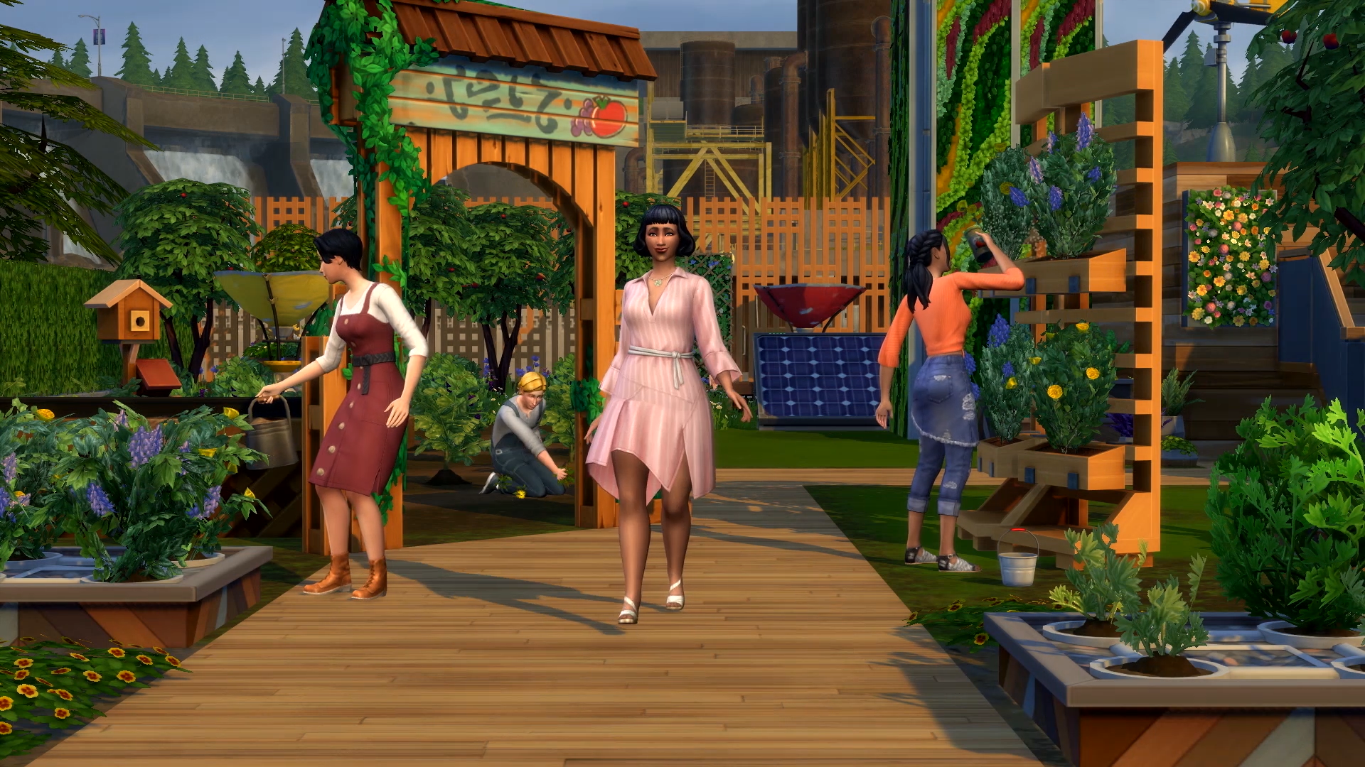 Sims in a community garden.