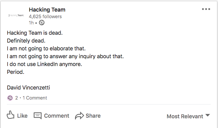 Hacking Team is Dead Linkedin Post