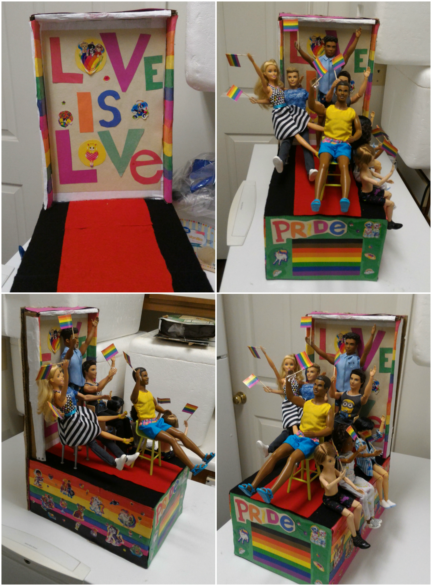 Love is Love float made out of a shoebox, covered in rainbows, stickers, and Barbie and Ken dolls