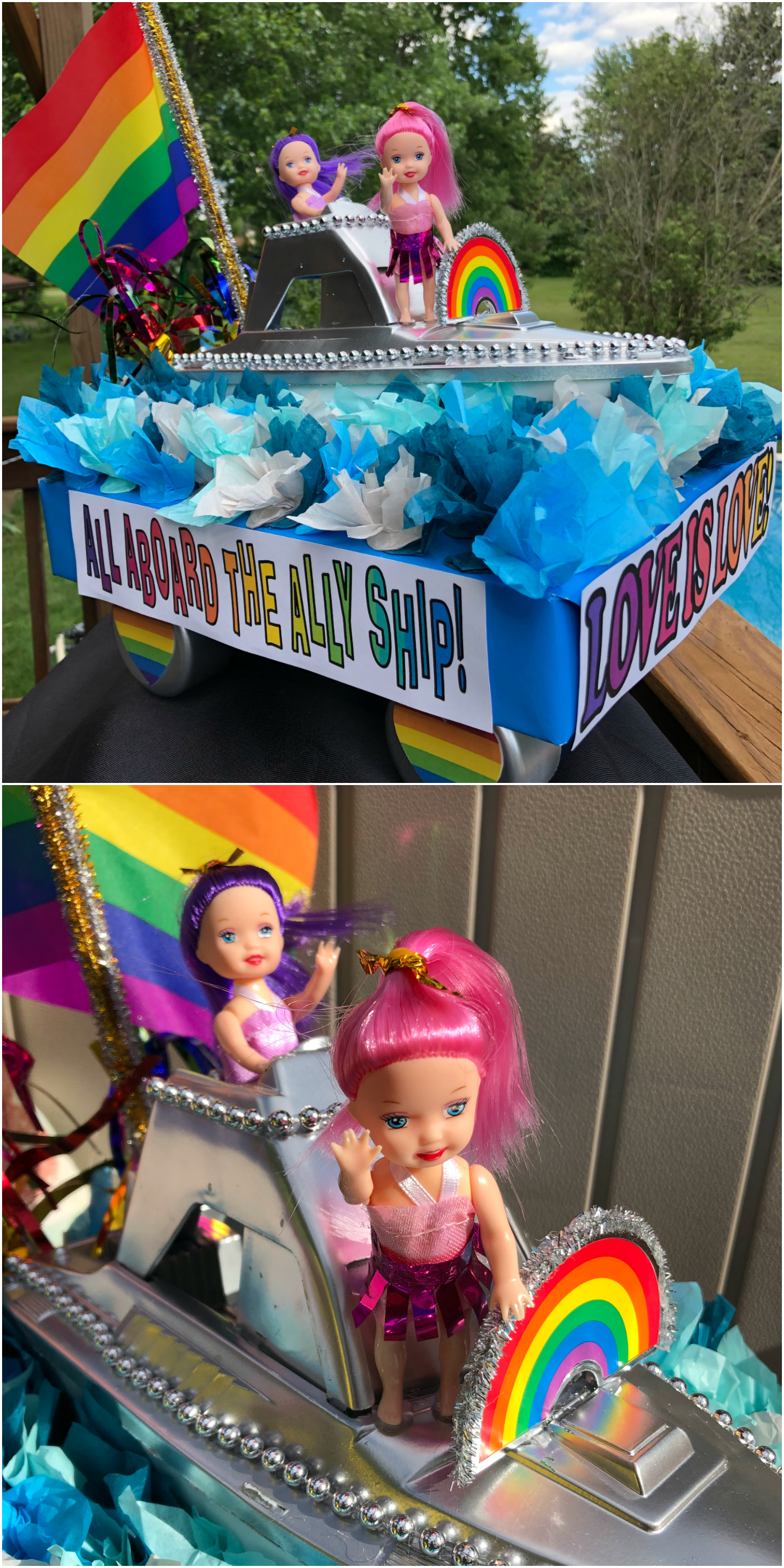 miniature boat themed pride float that says 
