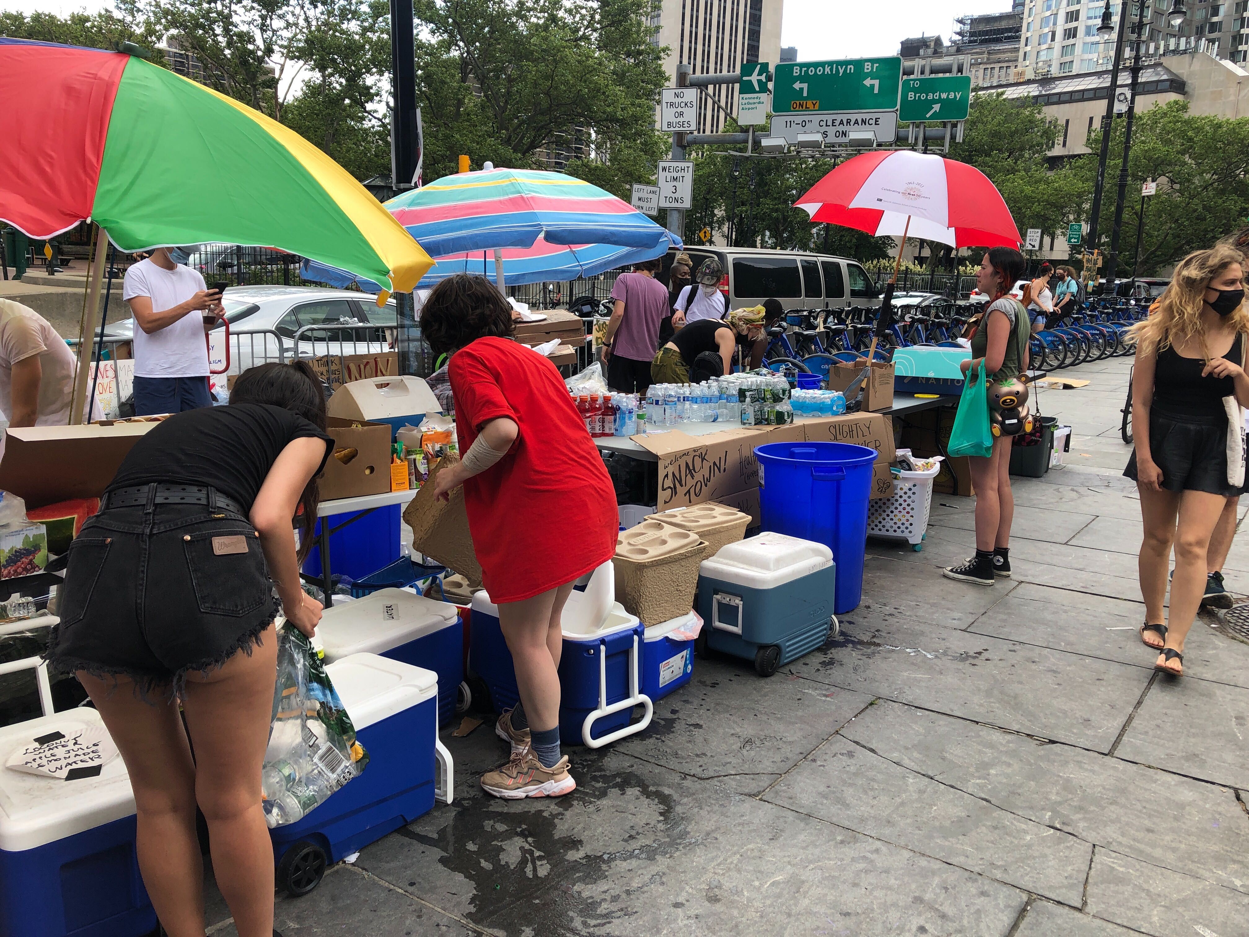 Volunteers distribute food and supplies as activists occupy New York's City Hall Park.