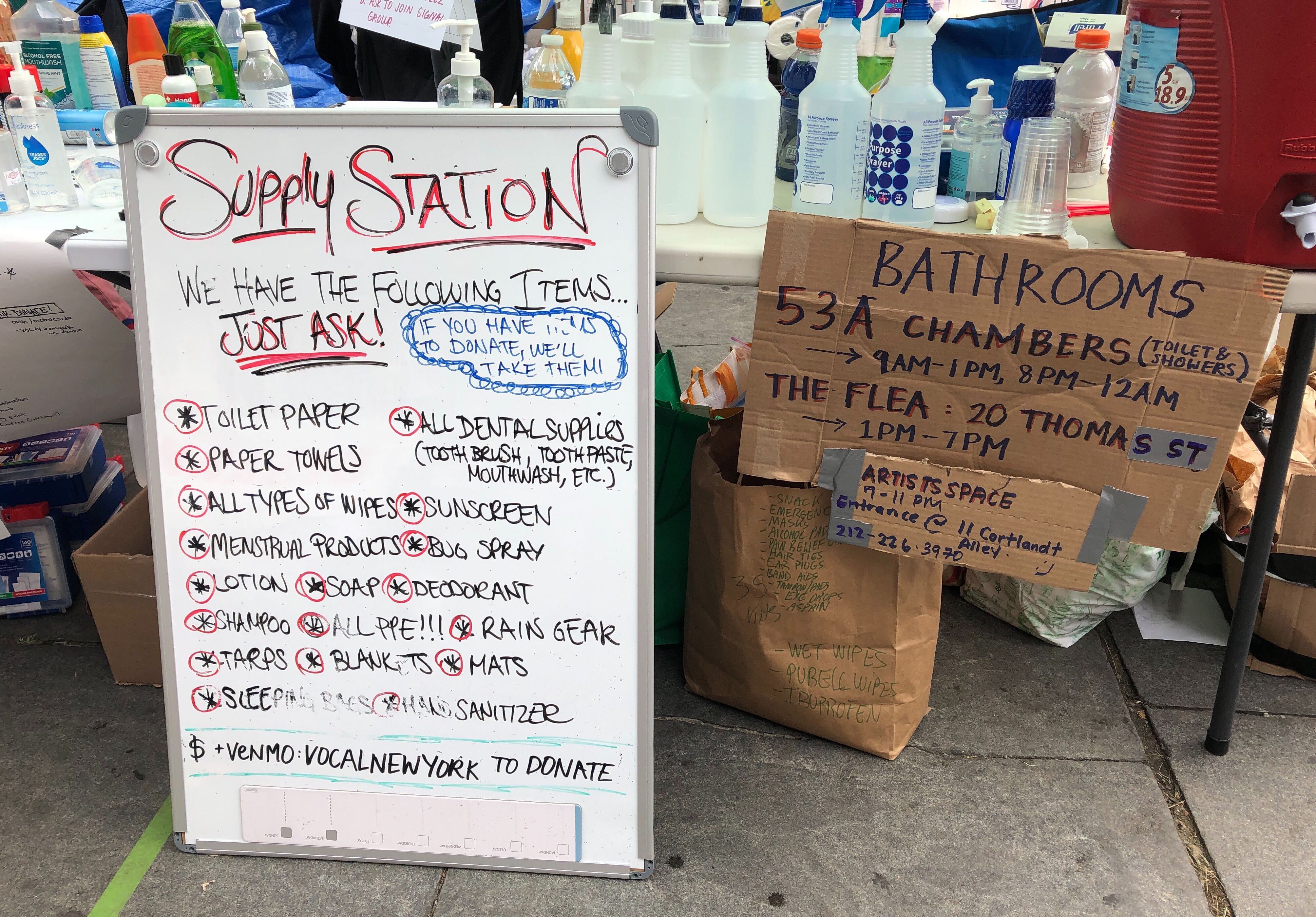 A station set up to receive and distribute supplies to the activists occupying City Hall Park in Manhattan