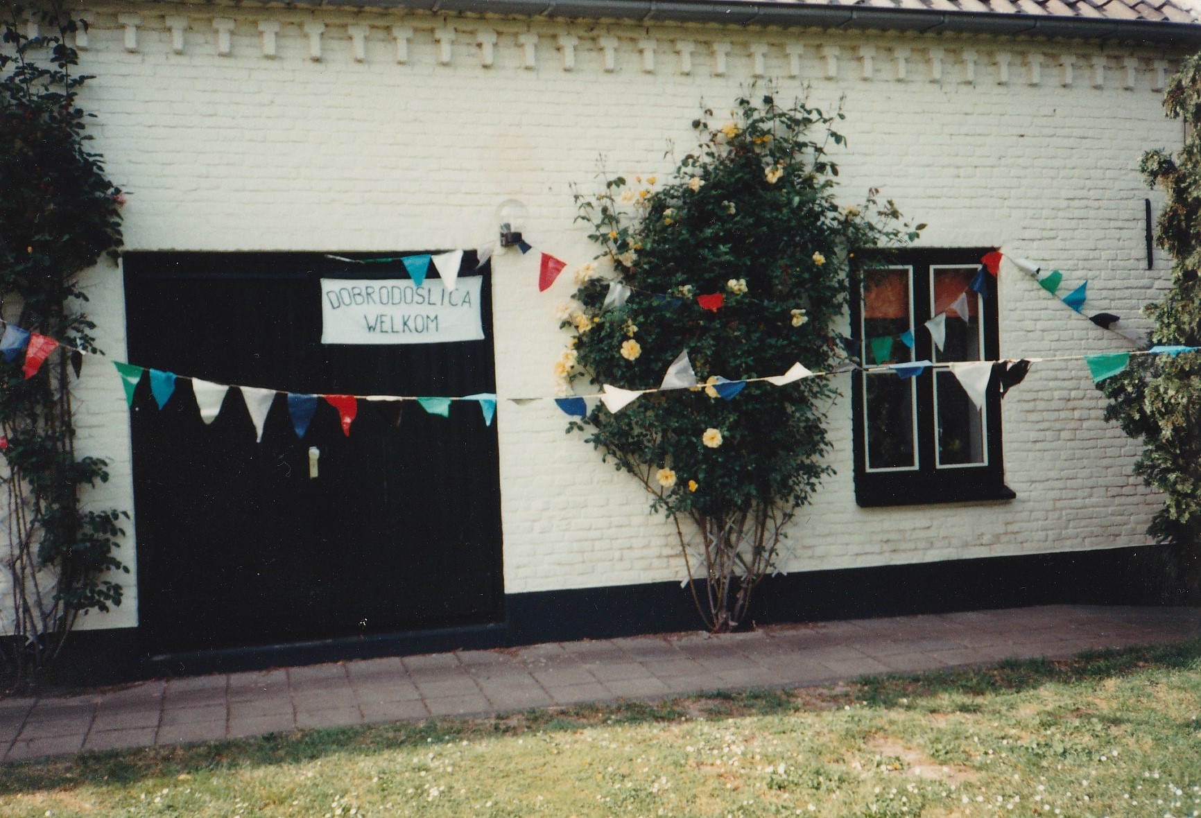 The house adorned with welcome decorations.