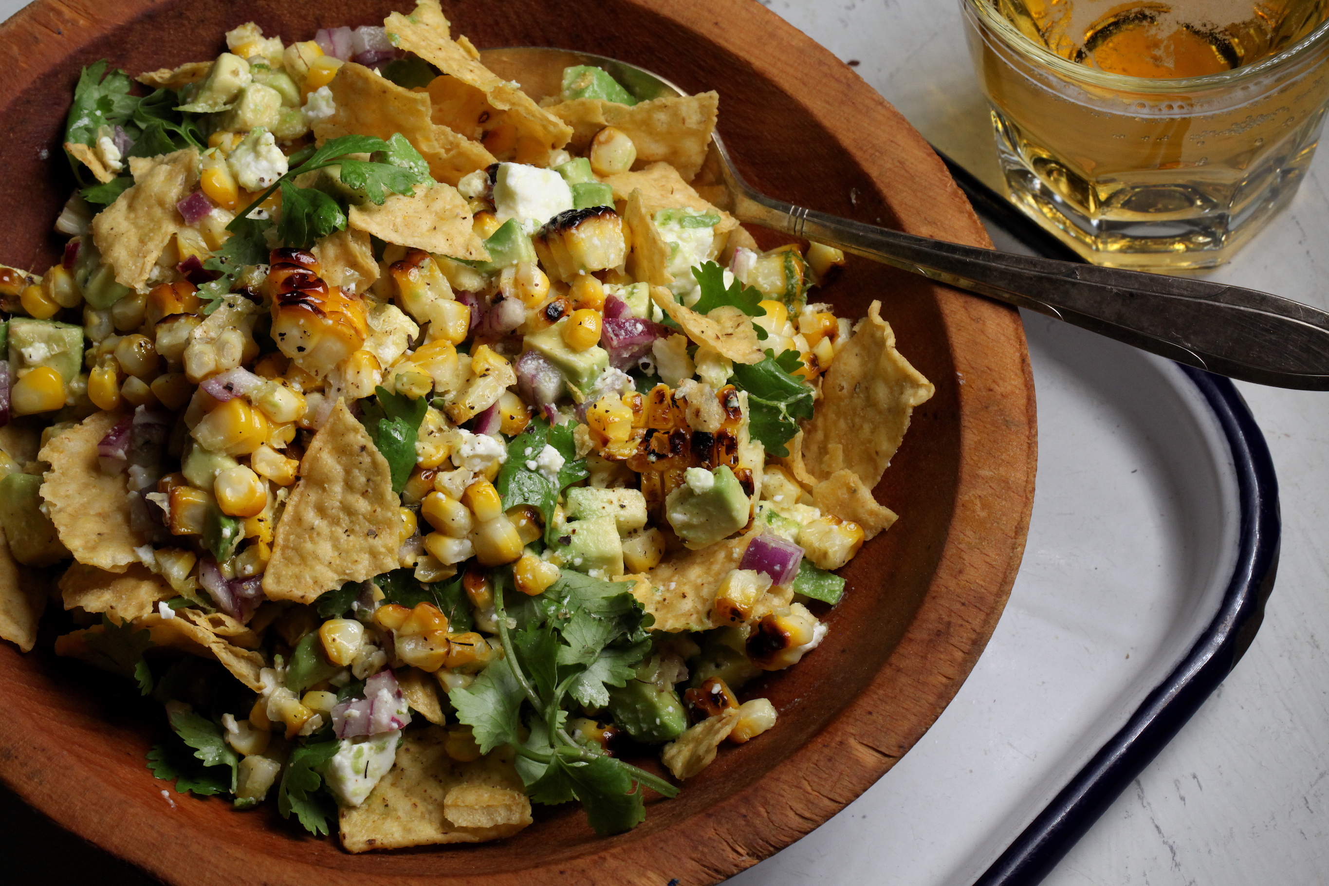 Grilled Corn, Avocado, and Tortilla Chip Salad Recipe