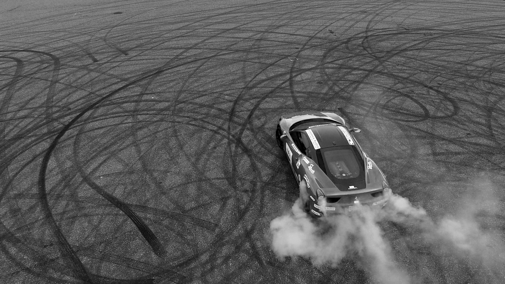 Aerial top view two cars drifting battle on race track, Two cars